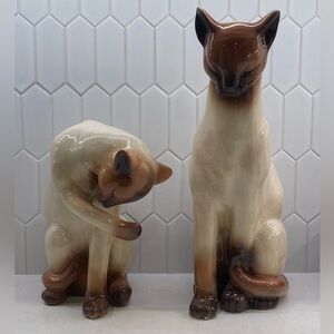 Vintage Ceramic Siamese Cat Figurines Large White Brown Crazing 16”  MCM HTF